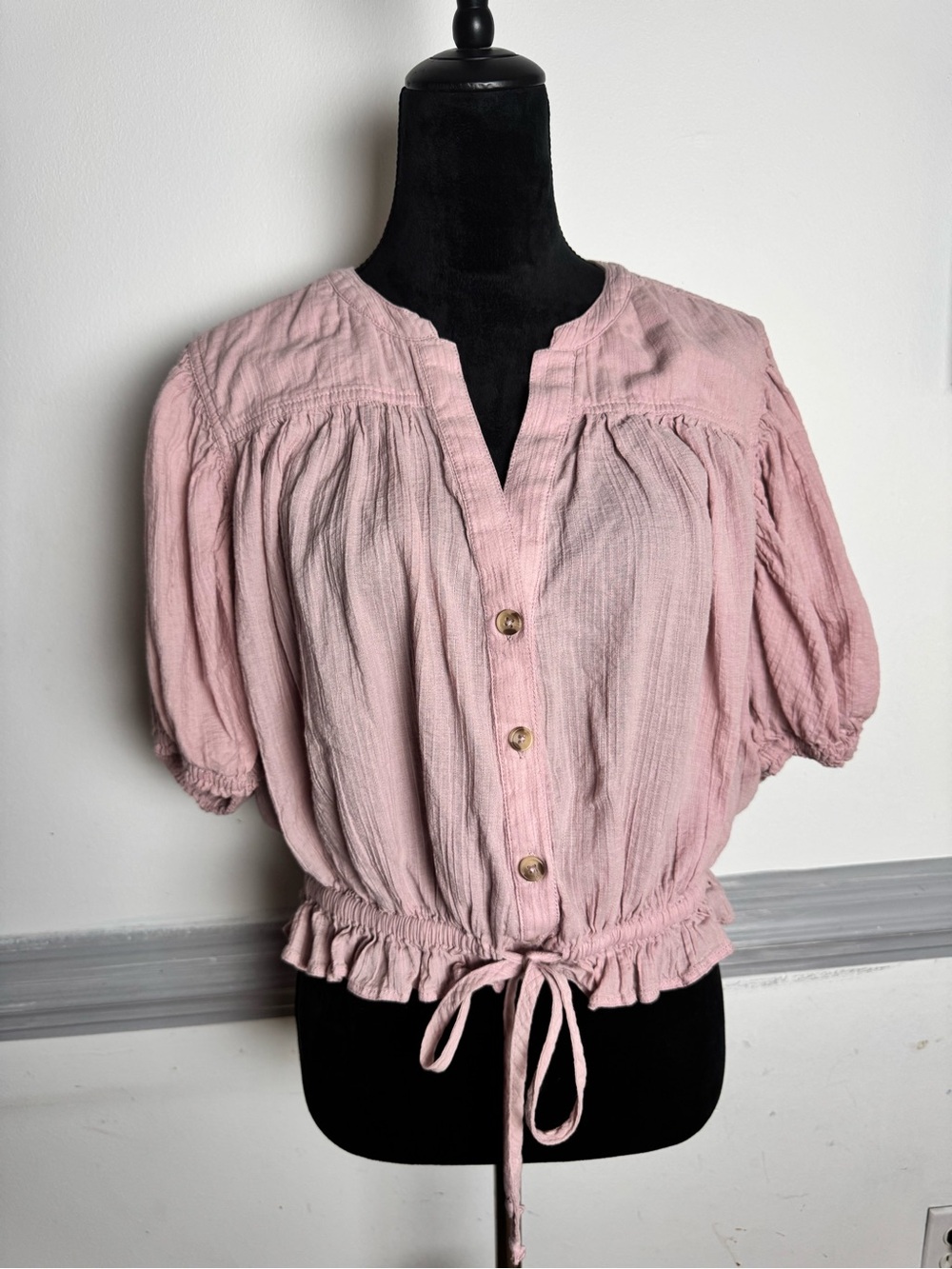 Free People Blush Pink Button-Front Crop Top with Drawstring